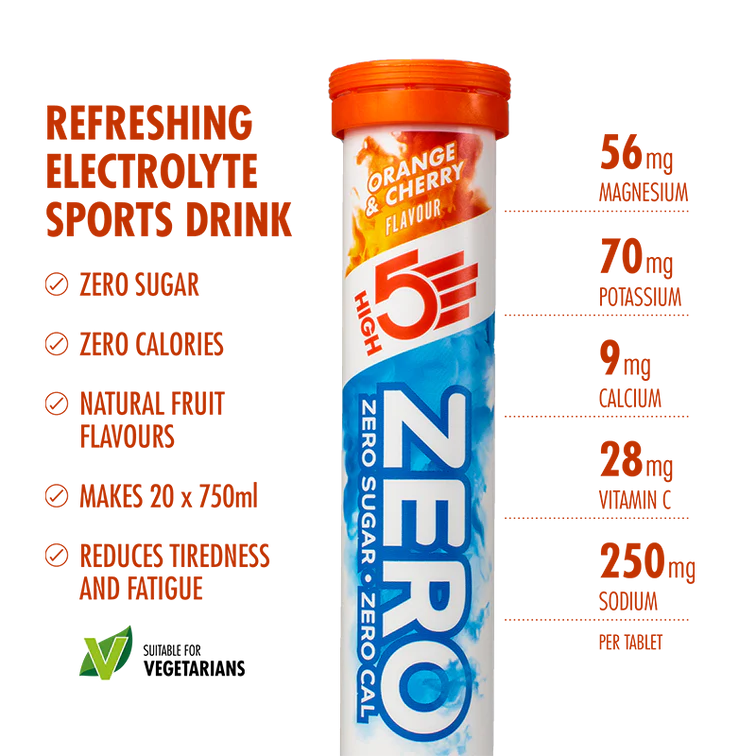 HIGH 5 ZERO SALTS TUBE Orange & Cherry Electrolyte Drink - 8 Pack Box
